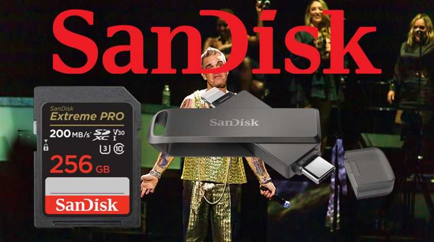 Tickets are for sale for the Robbie WIlliams concert in Amsterdam. Use a SanDisk SD card and USB stick.