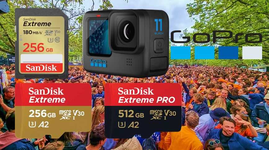 Je gebruikt een SanDisk geheugenkaart tijdens Koningsdag activiteiten voor bijvoorbeeld jouw GoPro camera.